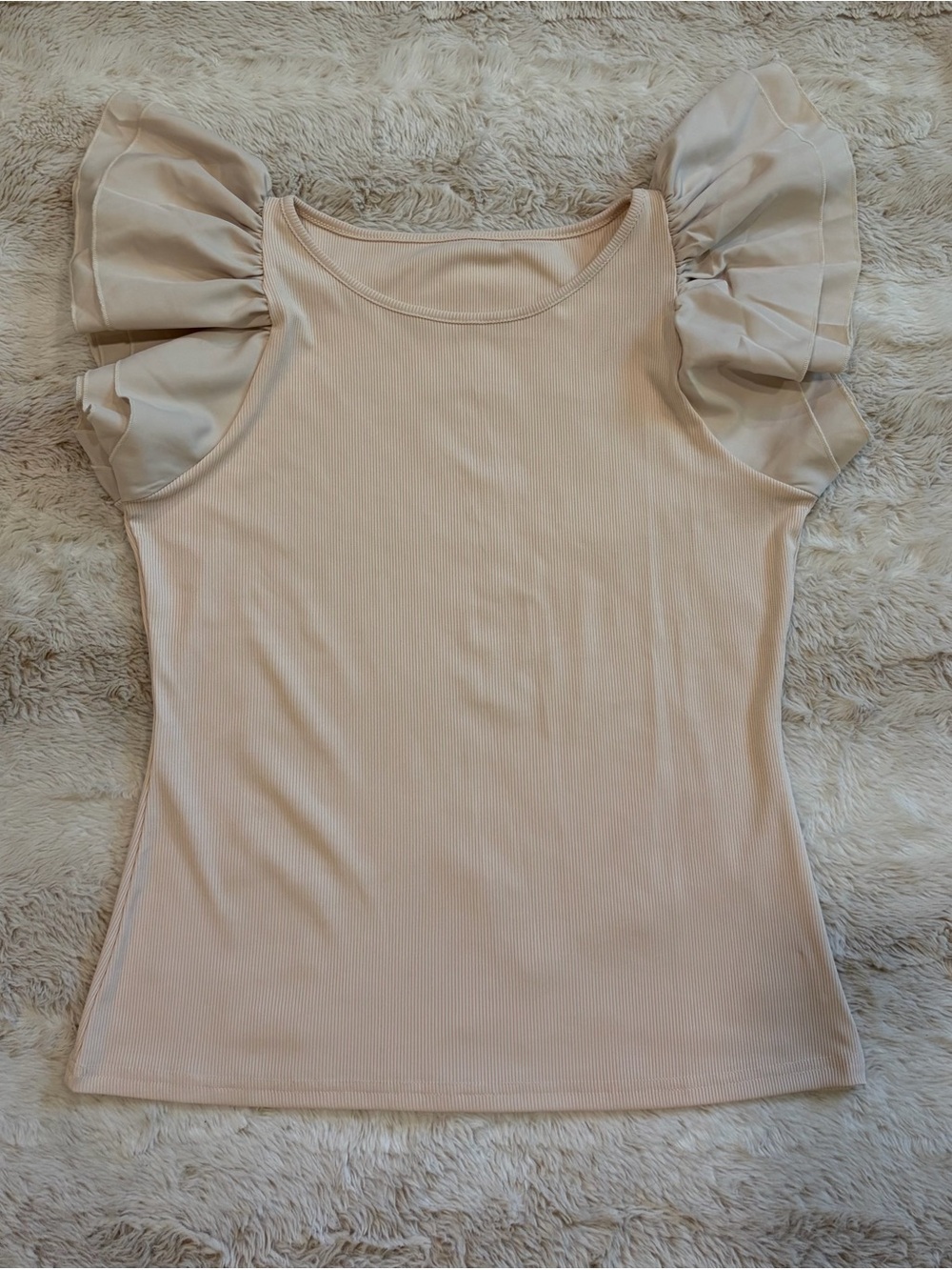 Women's Cream Ruffled Sleeve Ribbed Tank Top flutter cap ivory, beige taupe